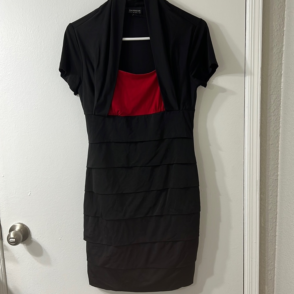 En Focus Studio Cocktail Dress with Red Bust and Layered Bodice | Size 8